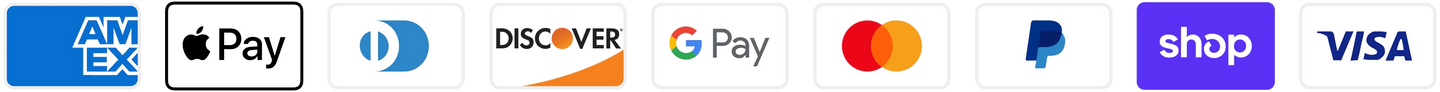 American Express, Apple Pay, Diners Club, Discover, Google Pay, Mastercard, PayPal, Shop Pay and Visa